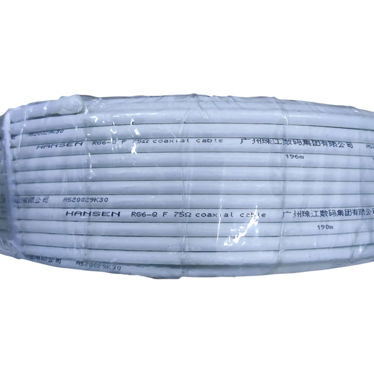 A large spool of HANSEN R66-Q F.75Ω coaxial cable wrapped in clear protective plastic, shown against a plain white background.