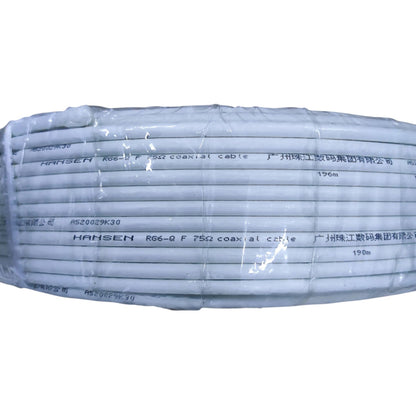 A large spool of HANSEN R66-Q F.75Ω coaxial cable wrapped in clear protective plastic, shown against a plain white background.