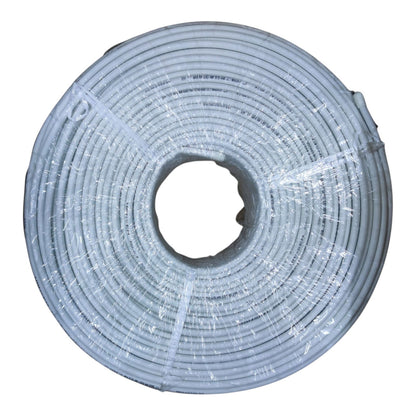 A large spool of white electrical wire or cable wrapped in clear protective plastic, shown against a plain white background.