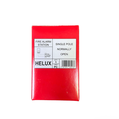 Hellux 220V fire alarm pull switch red box with label showing fire alarm station details