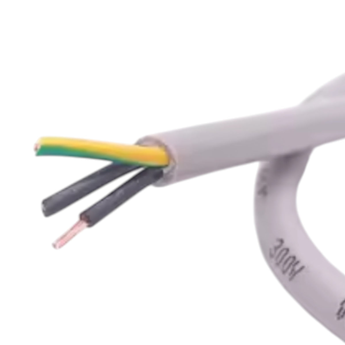 A close-up of a gray electrical cable with its outer sheath removed, showing three inner wires: one yellow with a green stripe, one dark gray, and one copper-colored wire. The cable has '300V' printed on it, set against a plain white background.