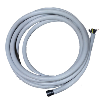 A coiled light gray industrial cable with a multi-core exposed wire end and a black protective sleeve on the other end, shown on a plain white background.