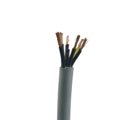 A close-up of a gray multi-core cable with its outer sheath removed, showing several black insulated wires ending in exposed copper strands, on a plain white background.