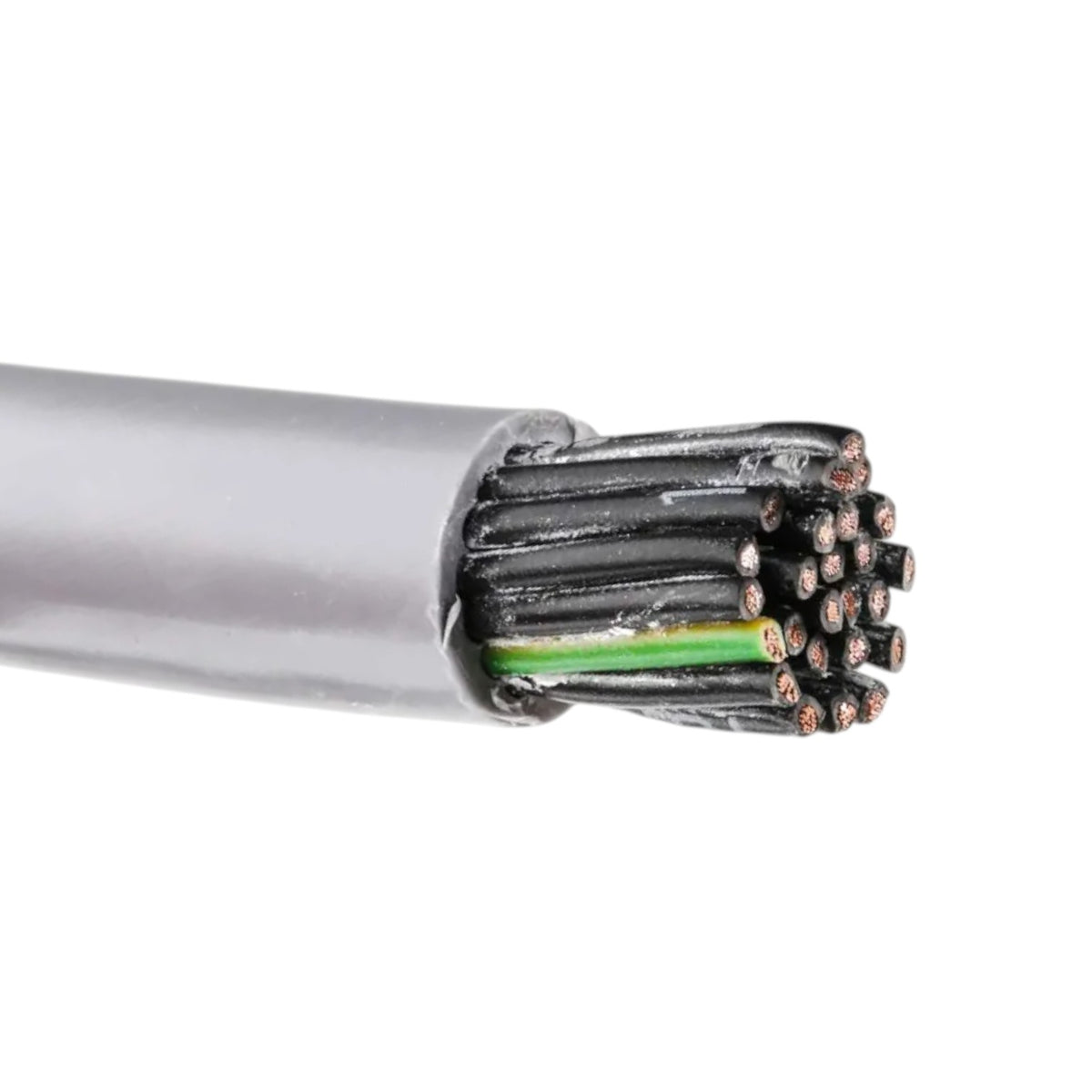 A close-up of a gray multi-core cable with its outer sheath stripped back, showing multiple black insulated wires and a single green inner wire with copper-colored ends, on a white background.