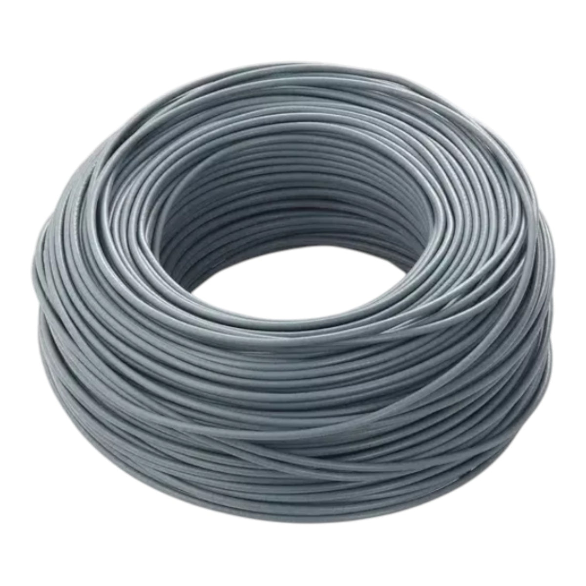 A coiled roll of gray cable or wire on a plain white background.