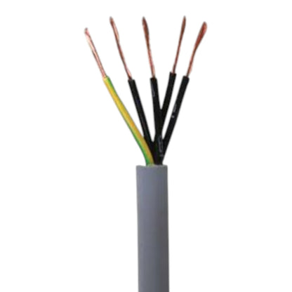 A gray multi-core cable with five exposed wires showing copper cores, one yellow wire, and four black wires, isolated on a white background.