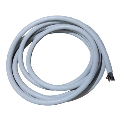 A coiled light gray industrial cable or harness with two exposed black wire strands at one end, photographed on a solid white background.
