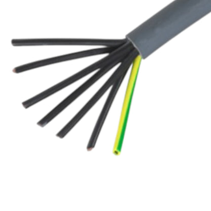 A close-up of a gray multi-core cable with its outer sheath partially removed, showing multiple black internal wires and one green inner wire on a plain white background.
