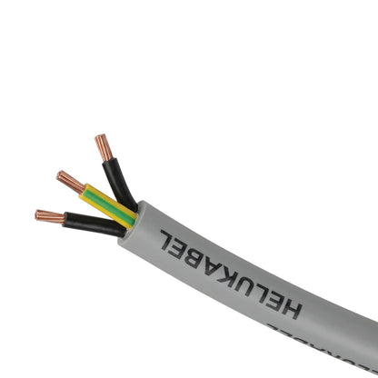 A close-up of a gray Helukabel cable with three exposed copper-wrapped conductors, one black, one green, and one yellow, on a plain white background.