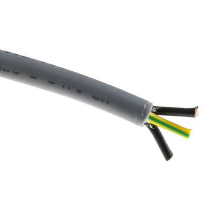 A close-up of a gray electrical cable with its outer sheath partially removed, showing black and green/yellow insulated inner wires with exposed copper conductors on a white background.