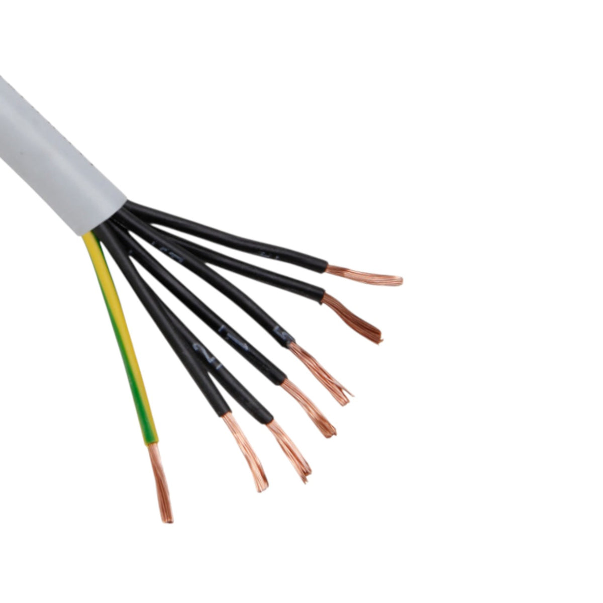 A close-up of a multi-core electrical cable showing the exposed inner wires, including black insulated strands, a yellow-green striped ground wire, and copper-colored metal cores, set against a plain white background.