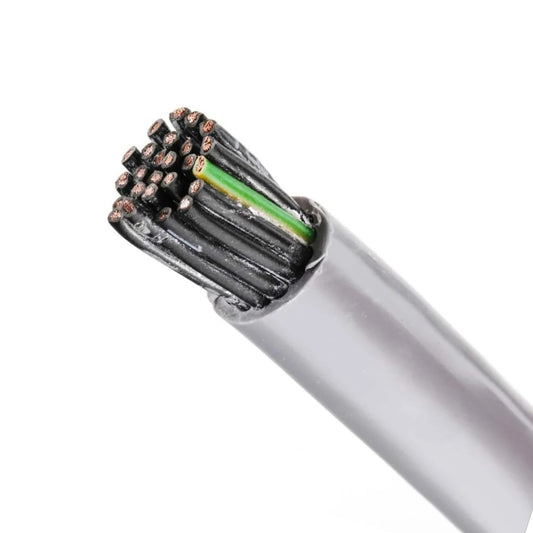 Close-up of a multi-core electrical cable showing the exposed copper-colored wire strands and a green inner conductor, with a light gray outer jacket on a white background.