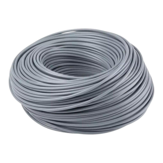 A coil of light gray electrical wire or cable on a plain white background.
