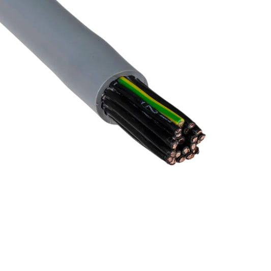 A close-up of a gray multi-core cable with its outer sheath removed, showing multiple black insulated wires with a green and yellow stripe and copper-colored terminals.