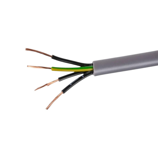 A close-up of a gray multi-core cable with its outer sheath removed, showing five exposed wire strands in black, green, and copper colors on a plain white background.