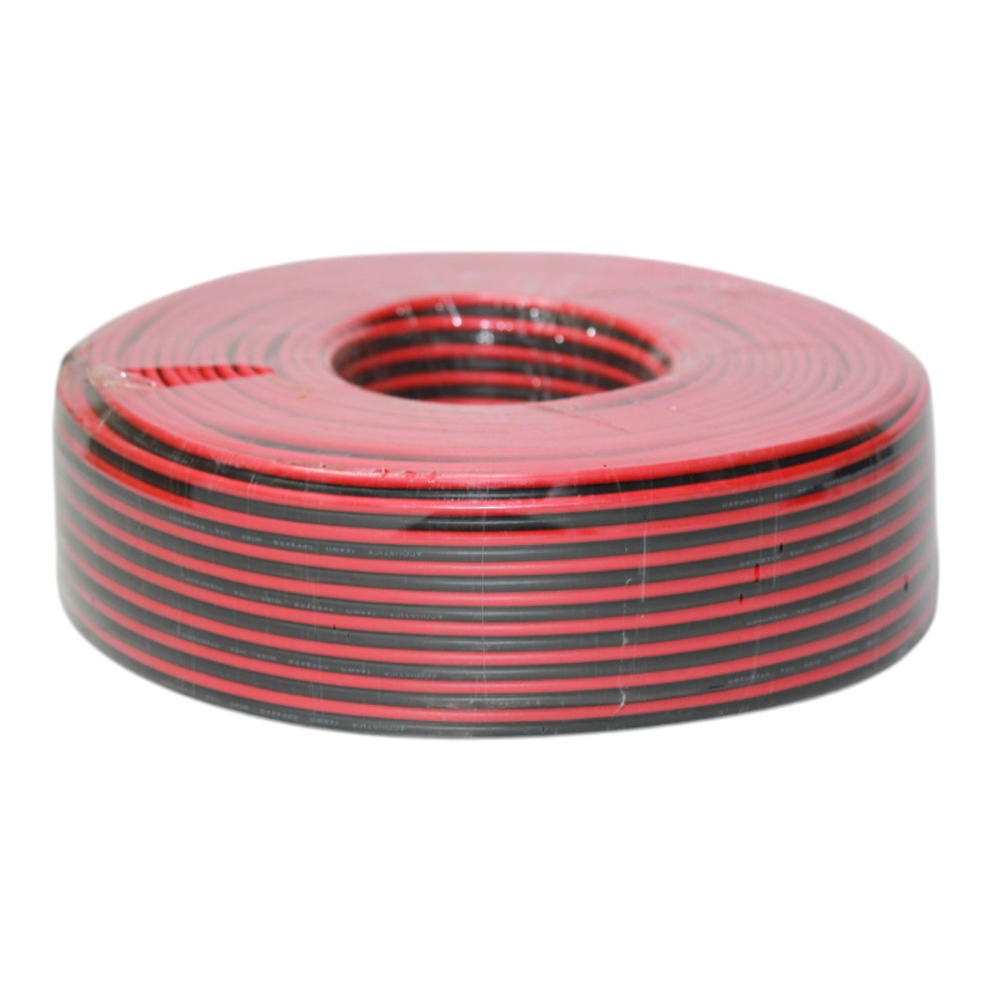 A spool of red and black striped electrical wire or cable, photographed on a plain white background.