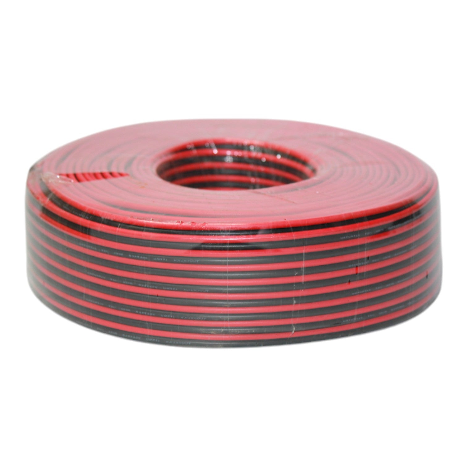 A spool of red and black striped electrical wire or cable, photographed on a plain white background.