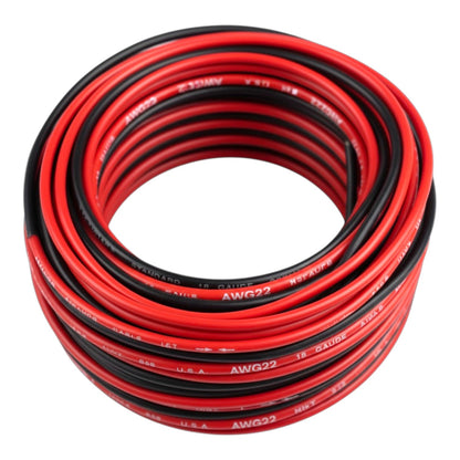 A coiled roll of red and black AWG 22 stranded wire, likely marine or electrical cable, with white printed text on the black strands, shown against a plain white background.
