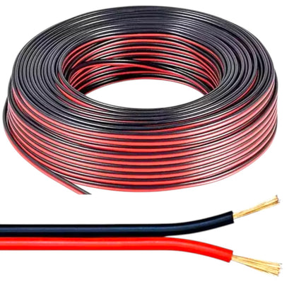 A coil of red and black electrical wire with two loose ends shown below, displaying the bare copper-colored strands at the tips, on a solid white background.