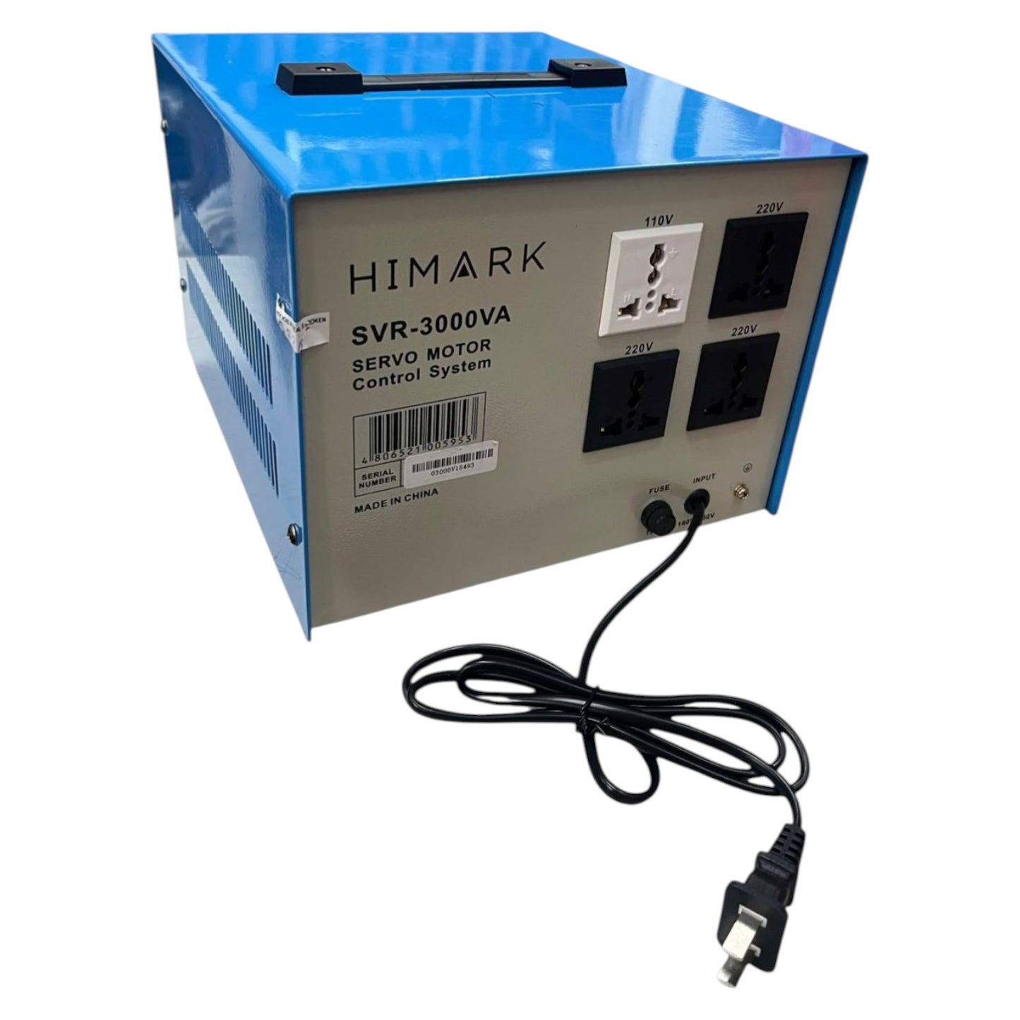 Blue power stabilizer with multiple outlets and a cable on a white background