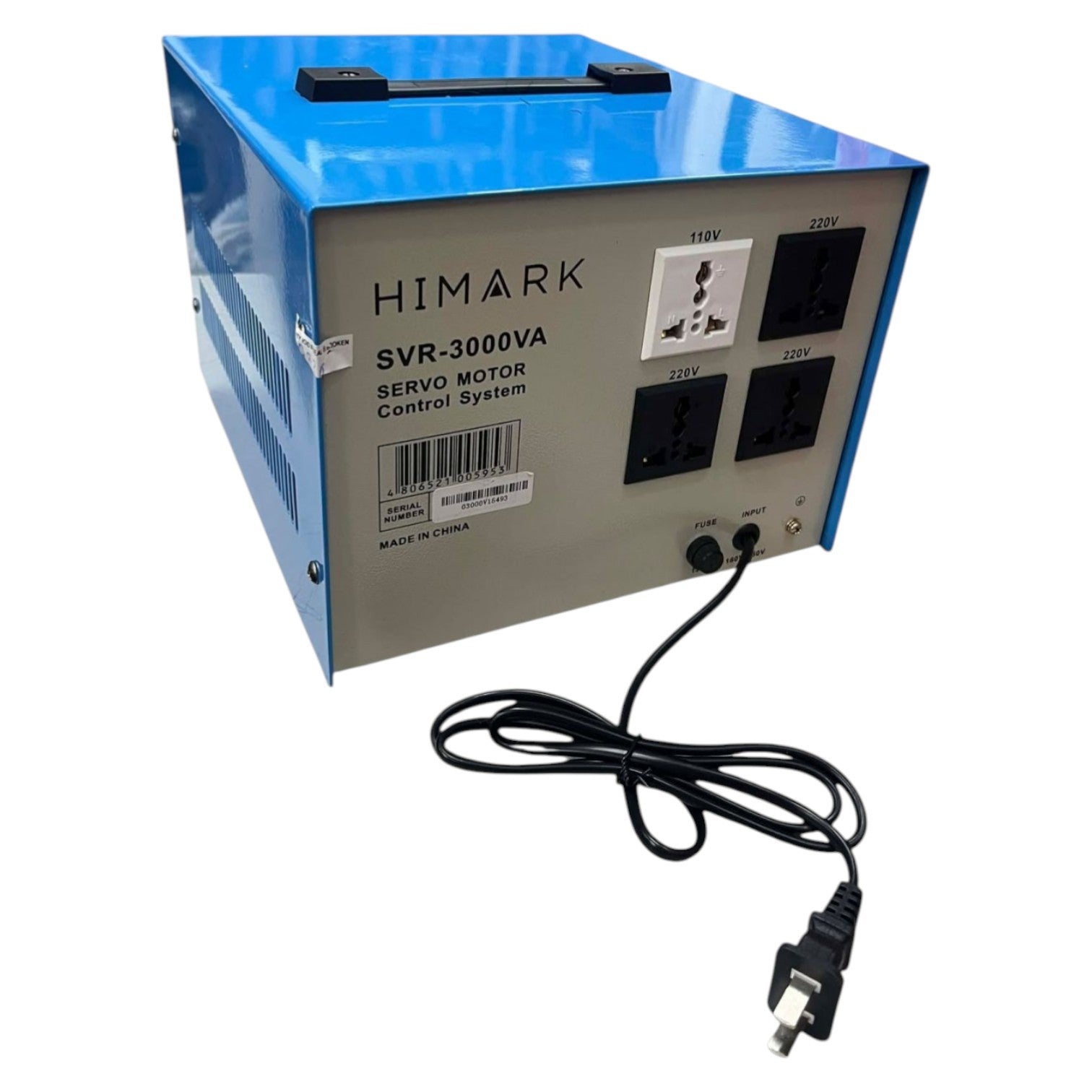 Blue power stabilizer with multiple outlets and a cable on a white background