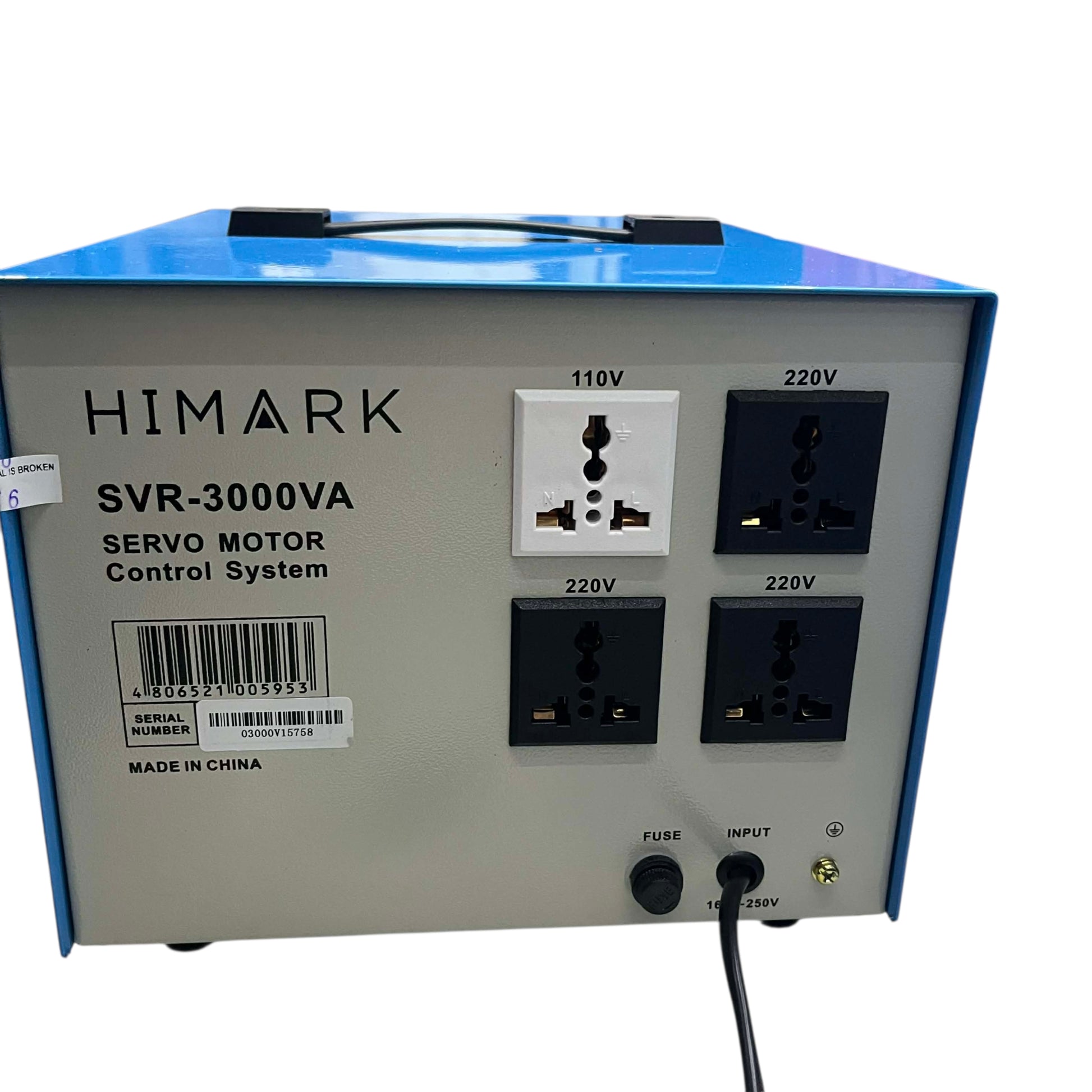 Back view of a HIMARK servo motor control system with multiple sockets on a white background