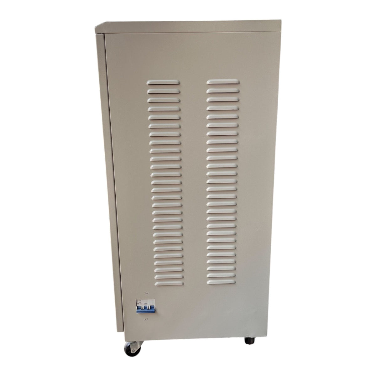 A tall, light gray industrial cabinet or enclosure with two vertical rows of horizontal ventilation slots on the front, mounted on caster wheels, shown against a plain white background.