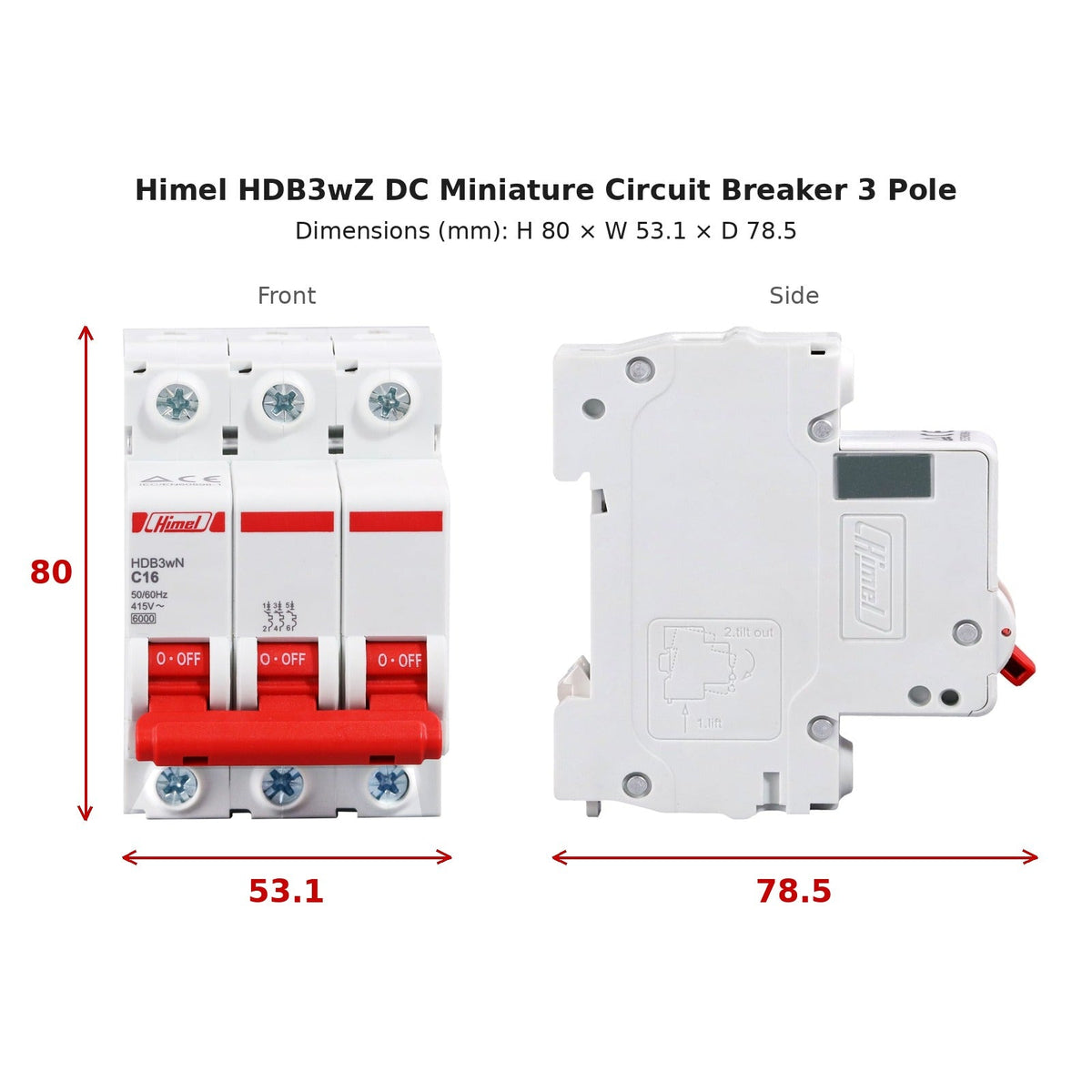 Himel 20A 3 Pole DC Miniature Circuit Breaker 6KAIC 500V DC HDB3WZ3C20 - dimensions H 80 x W 53.1 x D 78.5 mm