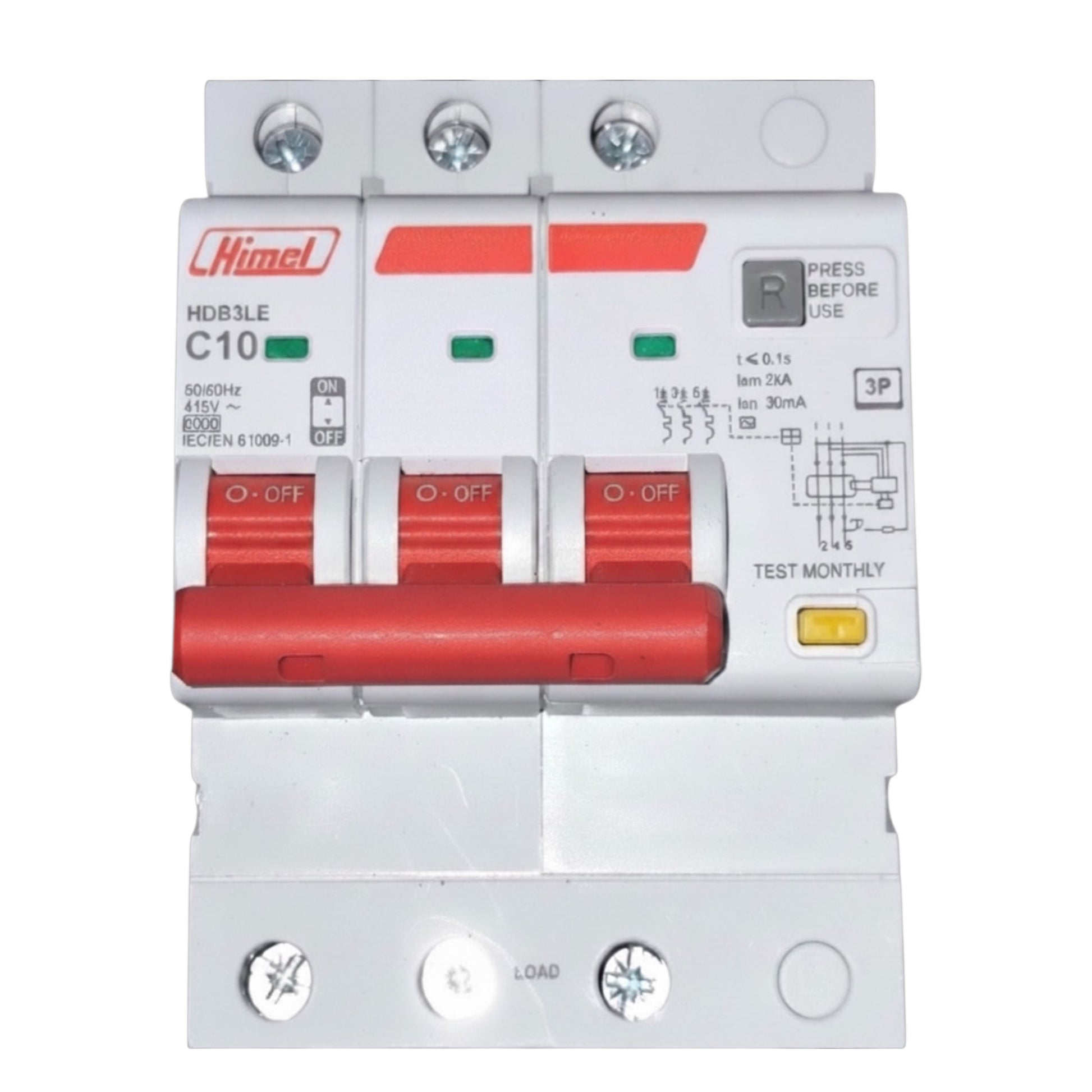 A three-pole circuit breaker from the brand Himel, model HDB316E C10, featuring a white plastic body with prominent red handles and red accent strips, photographed on a solid white background.