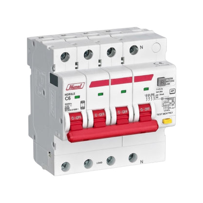 A Hannel modular C6 circuit breaker module, featuring a white plastic housing with red handles and red accent stripes, shown on a solid white background.