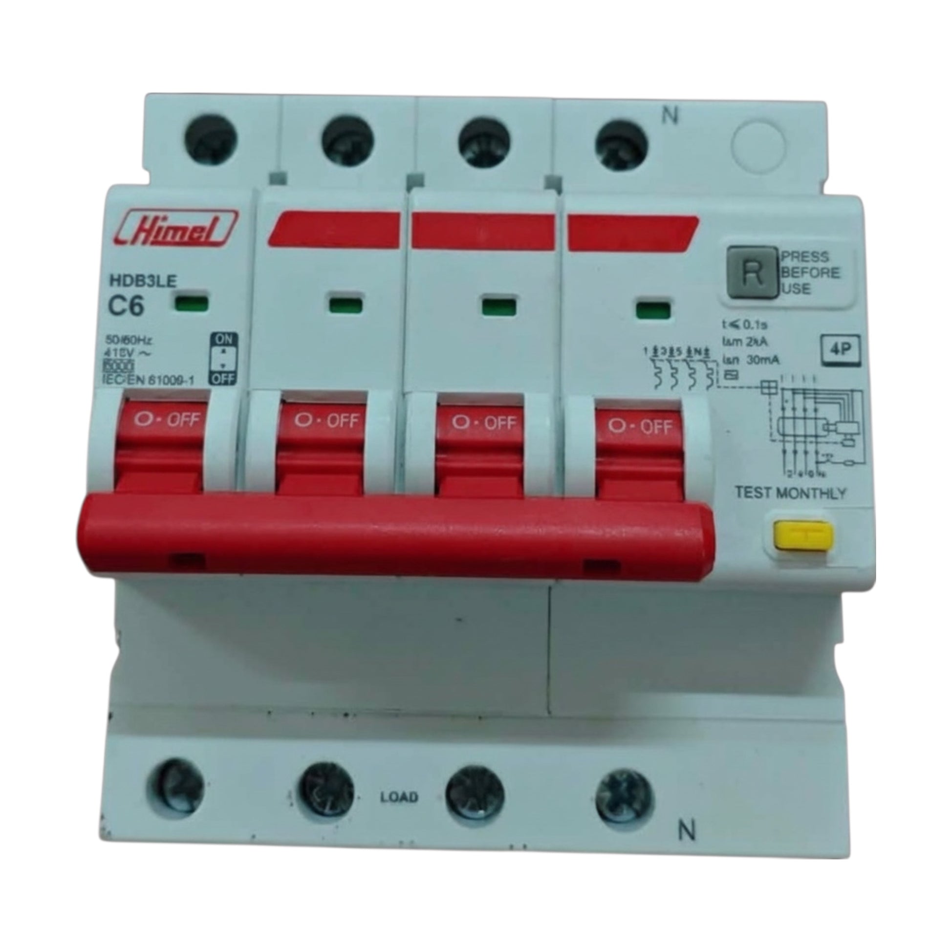 A four-phase circuit breaker from the brand Himek, model HD83LE C6, featuring a white plastic housing with prominent red switches and a red handle, set against a plain white background.