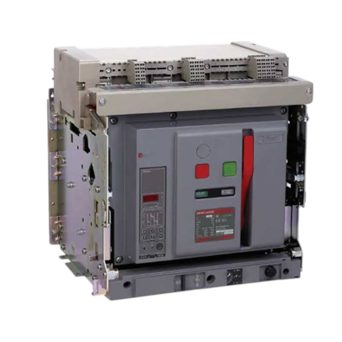 A large industrial electrical switchgear unit with a gray front panel, beige top housing, and red and green indicator buttons, photographed on a plain white background.