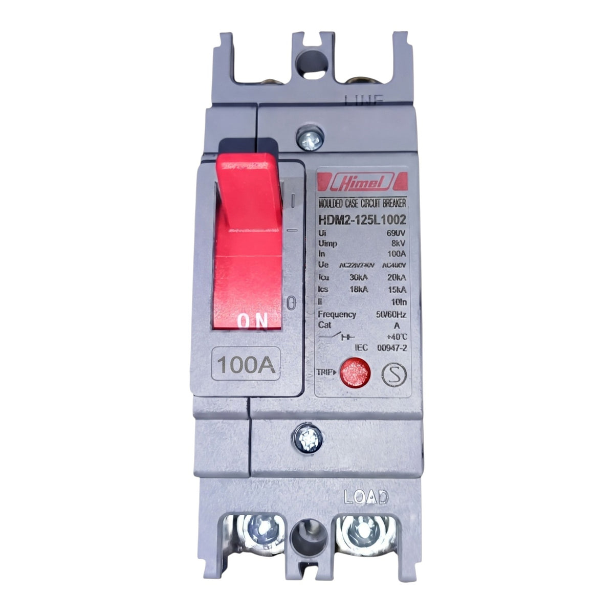 A Himmelfrund HDM2-125LD02 40A circuit breaker with a gray plastic housing, a red toggle switch, and a red brand label, shown on a plain white background.