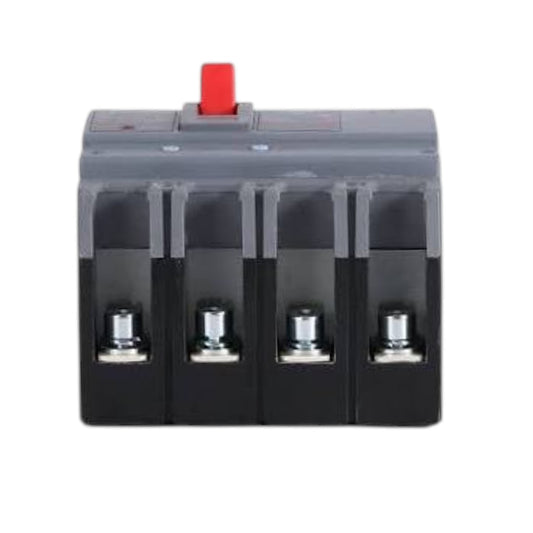 A 4-pole electrical circuit breaker with a gray top housing, black lower housing, and a red switch handle, shown on a plain white background.