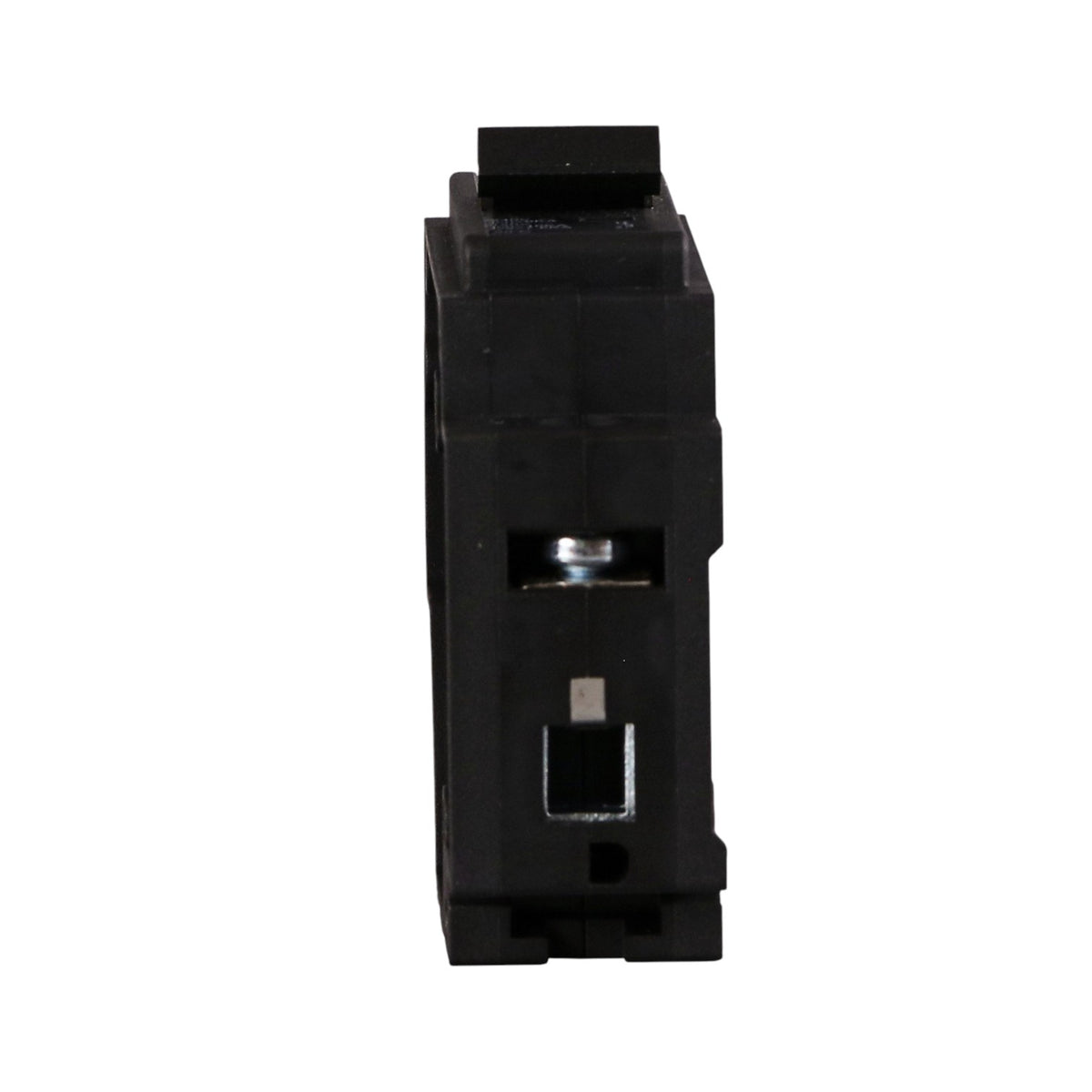 A black electrical circuit breaker component shown from the front against a plain white background.