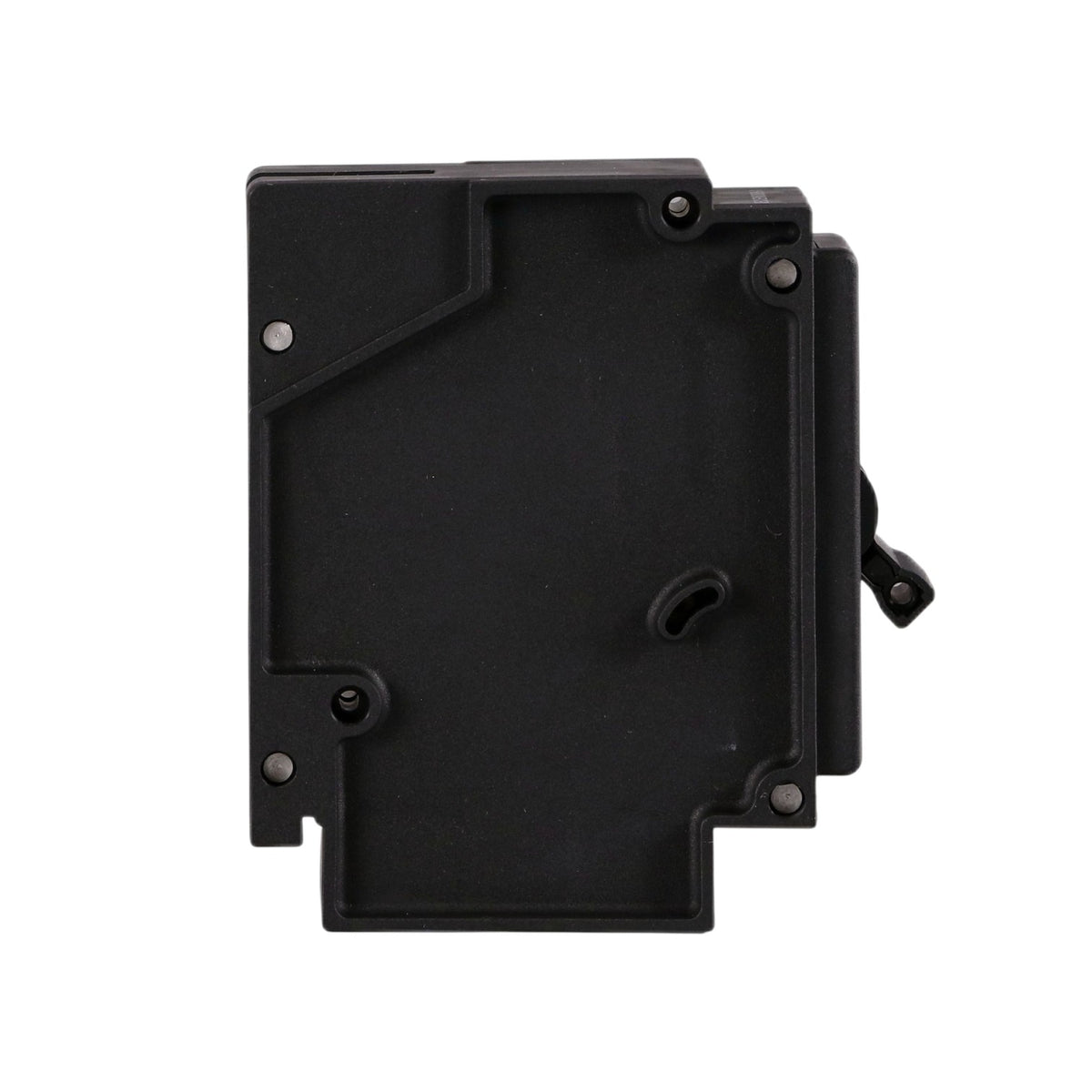 A black plastic rectangular mounting bracket or hardware component with pre-drilled screw holes and a small latch on the right side, shown against a plain white background.