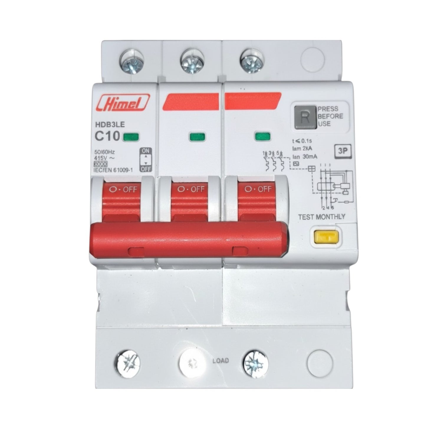 A 3-pole circuit breaker from the brand Himel, model HDB3LE C10, featuring a white plastic housing with red handles and red accent strips, shown on a plain white background.