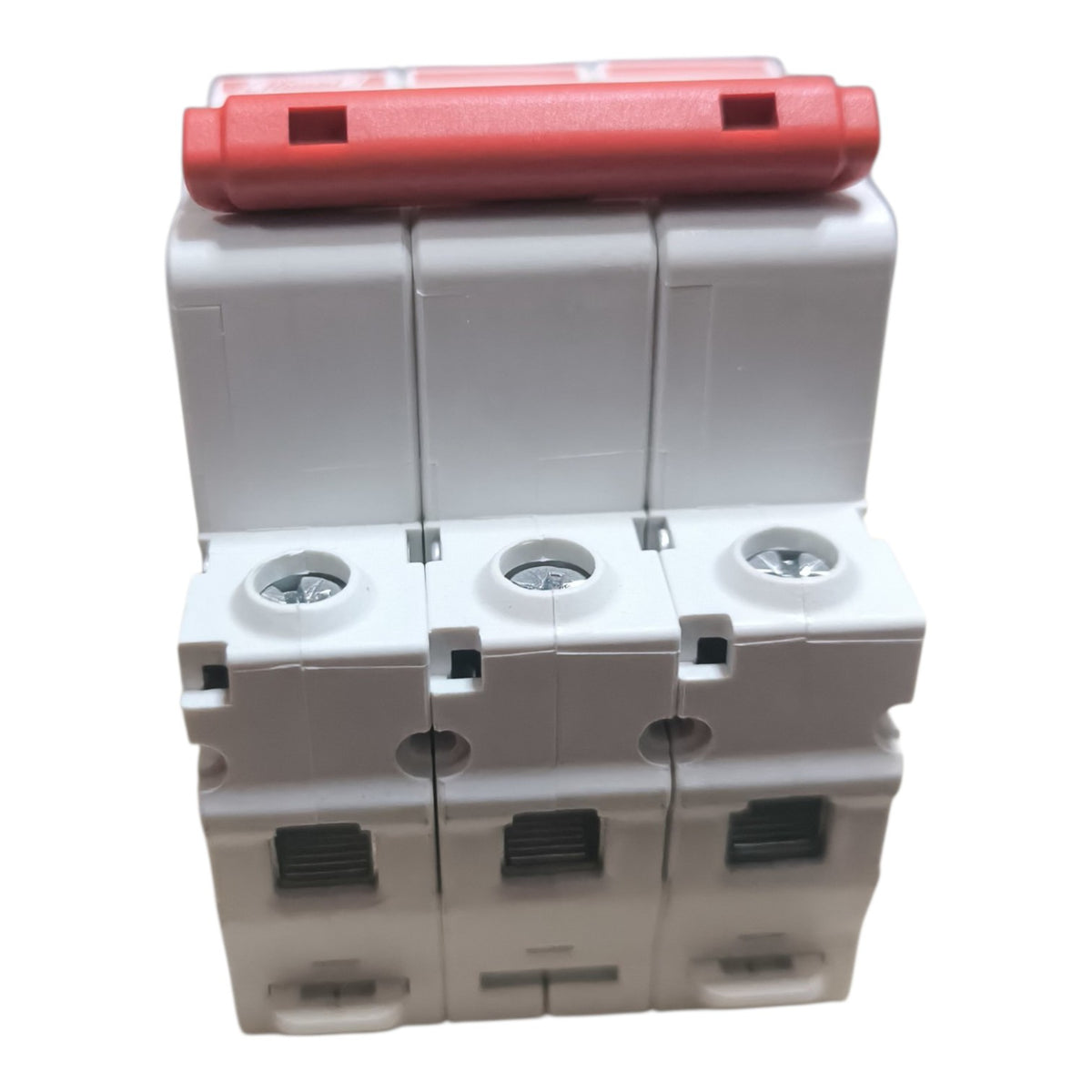 A three-phase electrical terminal block module with a red top handle and white plastic body, shown against a plain white background.
