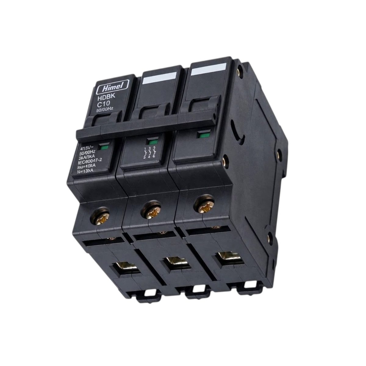 A black three-pole circuit breaker with three top breakers and three bottom fuses, photographed on a plain white background. The brand name 'Hagel' is visible on the top-left label.