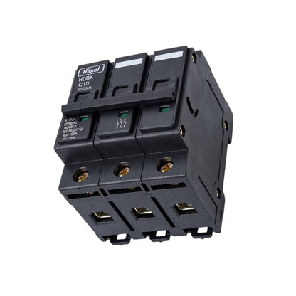 A black three-pole circuit breaker with three top breakers and three bottom fuses, photographed on a plain white background. The brand name 'Hagel' is visible on the top-left label.