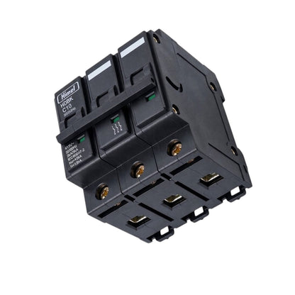 A black modular electrical contactor component with three main switch modules and three lower terminal blocks, photographed on a plain white background.