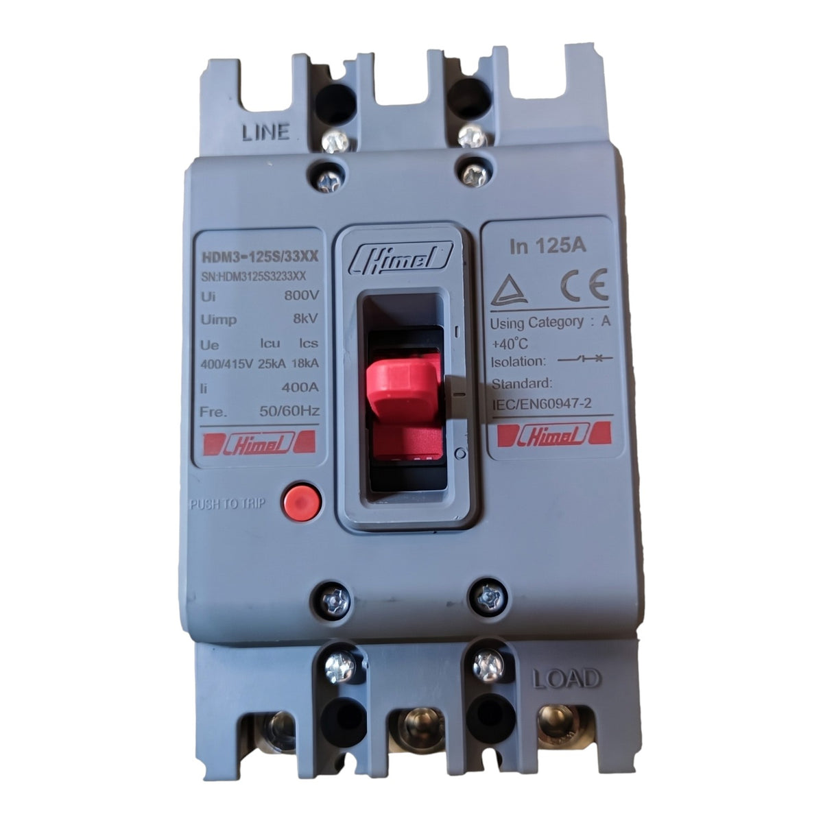 A Himmelfrind electrical contactor with a gray plastic housing, featuring a red central switch and red brand logos on the front, set against a plain white background.
