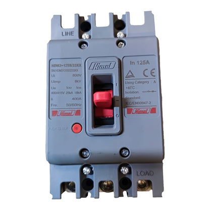 A Himmelfrind electrical contactor with a gray plastic housing, featuring a red central switch and red brand logos on the front, set against a plain white background.