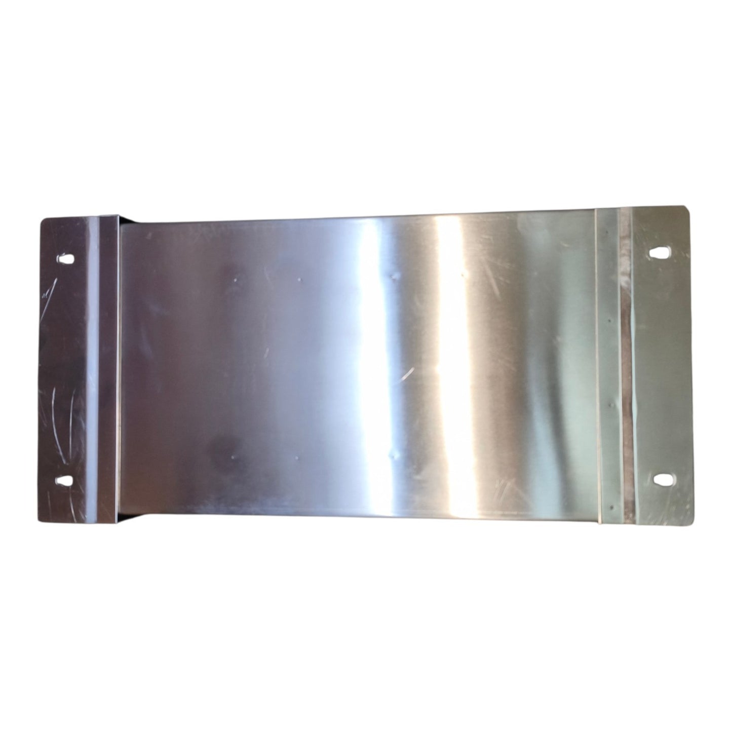 A rectangular stainless steel mounting bracket with flanged sides and pre-drilled screw holes, shown on a plain white background.