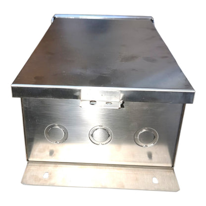 A brushed stainless steel electrical junction box with a hinged metal lid, three circular terminal holes on the front, and a mounting bracket at the bottom, shown against a plain white background.