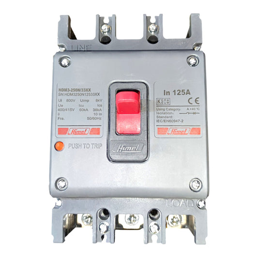 A Hombi electrical circuit breaker with a gray metal housing, a red central switch, and printed technical specifications on the front, isolated on a white background.