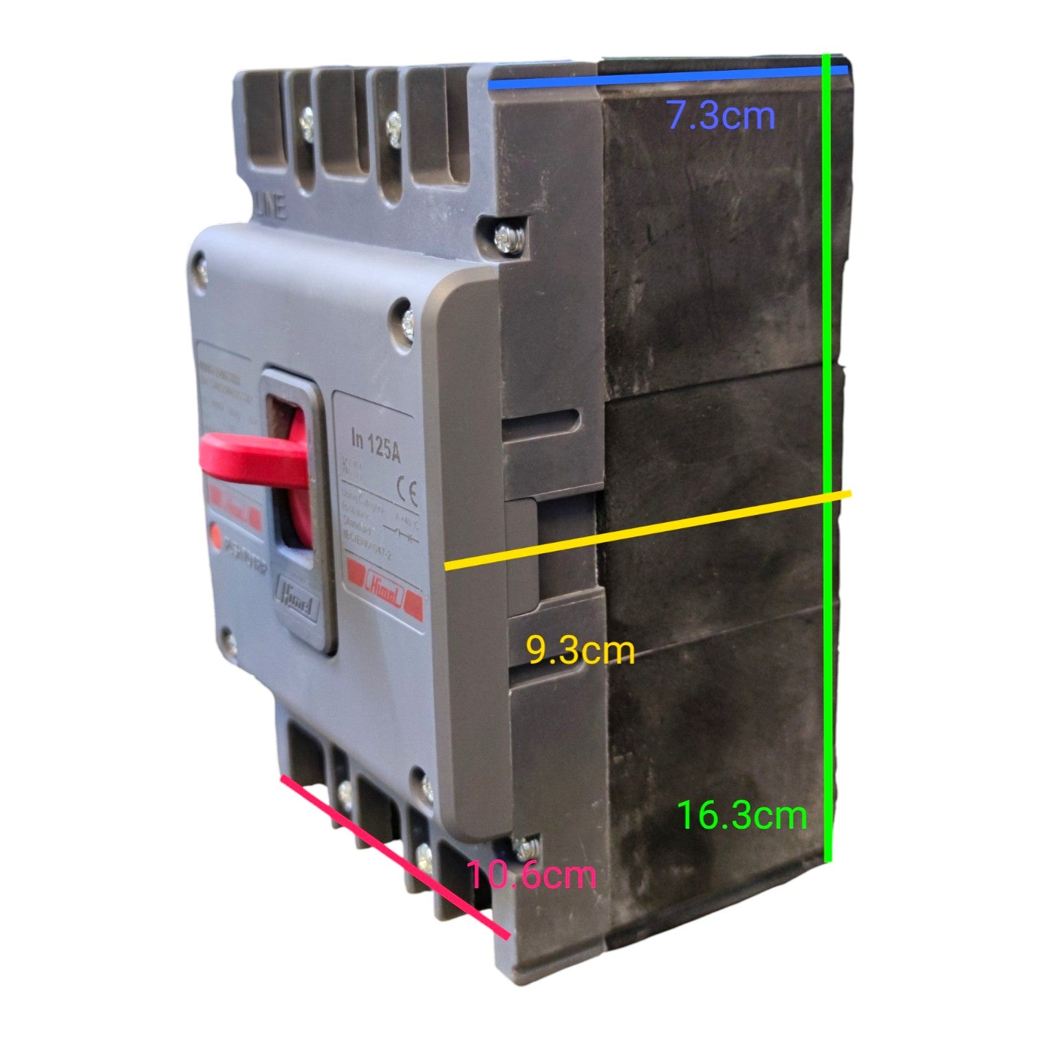 A gray electrical circuit breaker with a red handle and black front panel, shown on a white background with colored dimension lines and measurements in centimeters.
