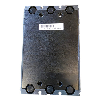 A heavy-duty black metal industrial component with pre-drilled hexagonal holes and mounting tabs, featuring a white barcode label in the center.
