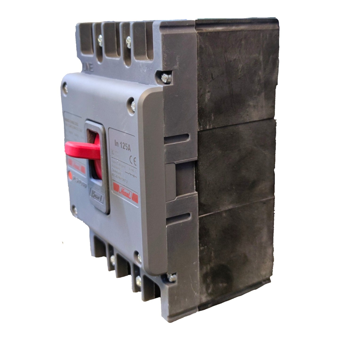 A molded electronic circuit breaker with a gray plastic housing, a red handle, and a dark gray/black internal mechanism visible on the right side, shown on a white background.