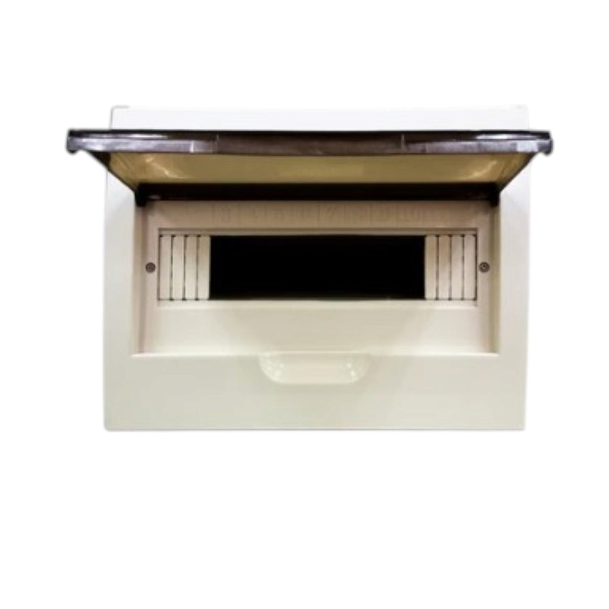 An off-white plastic outdoor mailbox cover with a hinged lid shown in the open position, revealing a dark interior compartment.